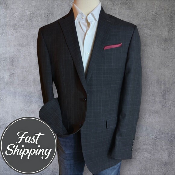 Jos. A. Bank Men’s 42L Gray Wool Blazer Sport Coat Glen Plaid 2 Button Jacket - Picture 1 of 16